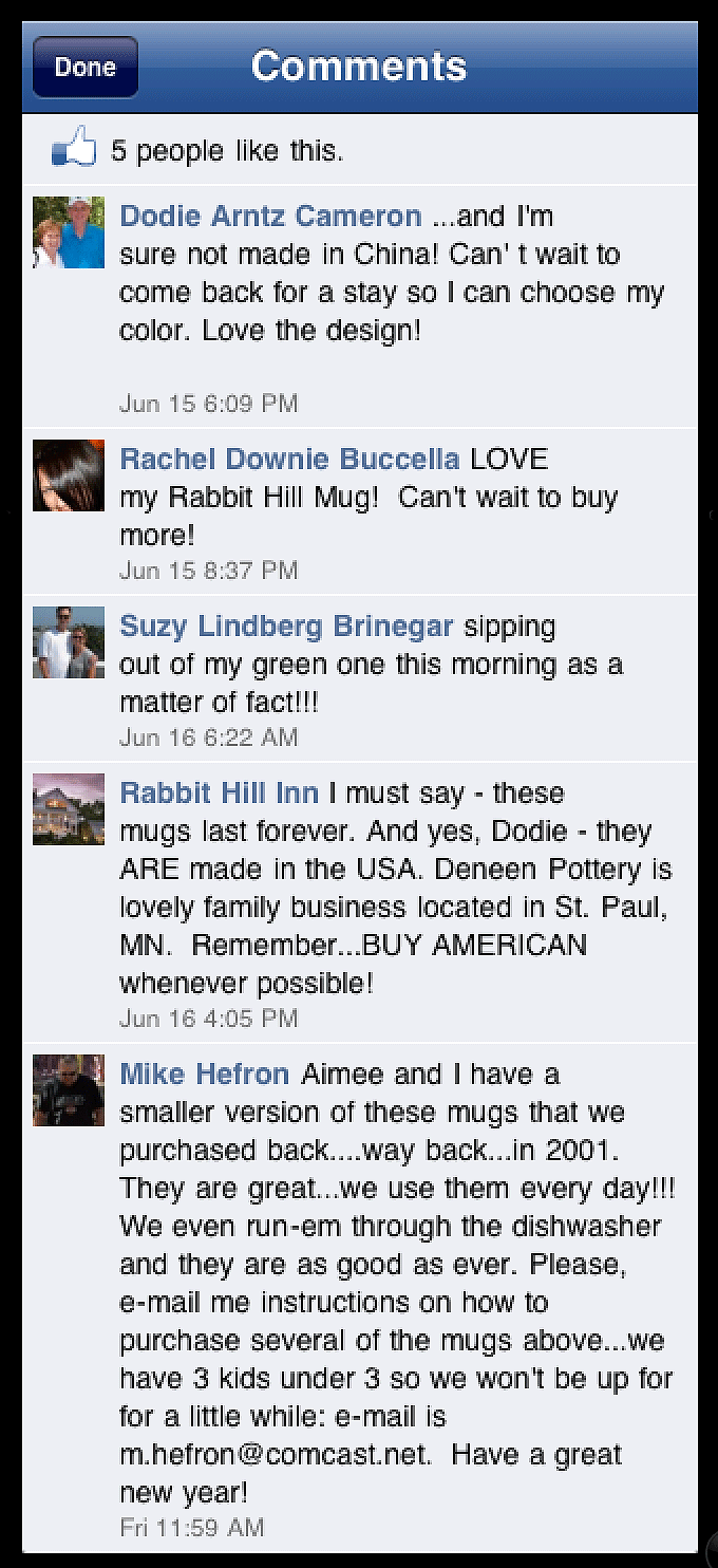 comments Postive comments from customers that loved the rabbit hill mug